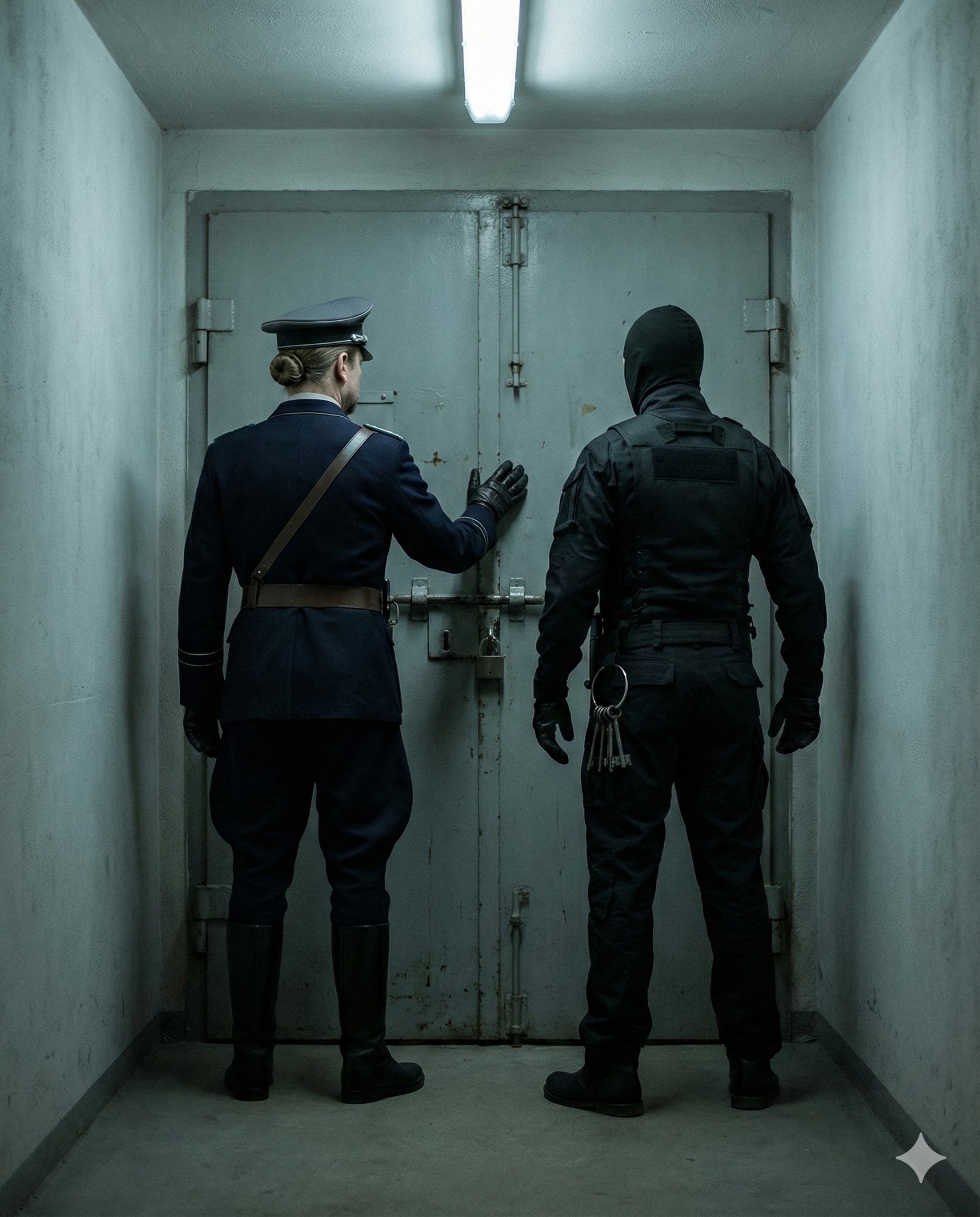 Two wardens at sealed door